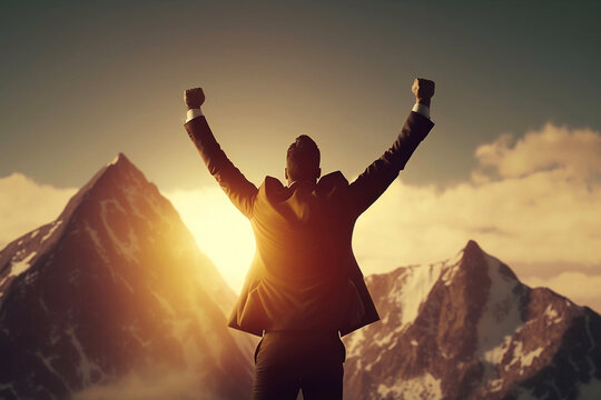 Success in life concept, with business person celebrating on top of mountain. Generative AI