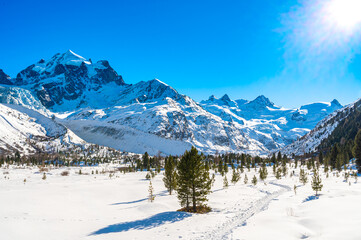 Fototapeta na wymiar Val Roseg, in the Engadine, Switzerland, photographed on a sunny winter day.