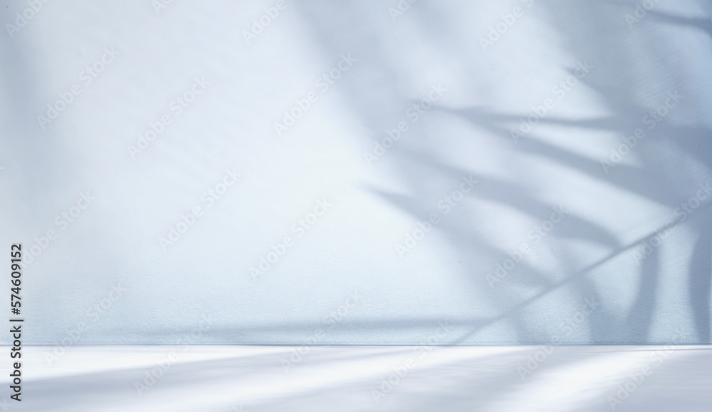Poster minimal abstract light blue background for product presentation. shadow of tropical leaves and curta