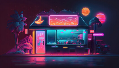 AI generated abstract roadside motel in neon light