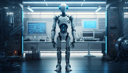 Fototapeta na wymiar Humanoid robot stands in a sleek, white laboratory. Generative AI