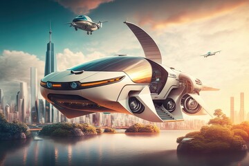 Modern futuristic car in the middle of highway road with a city at the background. Generated with AI. Suitable for promotion, background design, wallpaper, futuristic website, poster, banner.