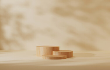 Geometric circle wood display stand showcases shadows of leaves on creamy yellow background