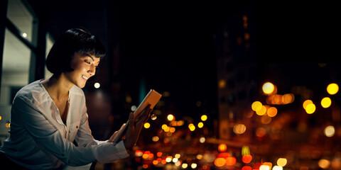 Smile, night and tablet with woman on rooftop for research, social media and networking app. Technology, internet and website with girl outside for email, communication and data in city bokeh mockup