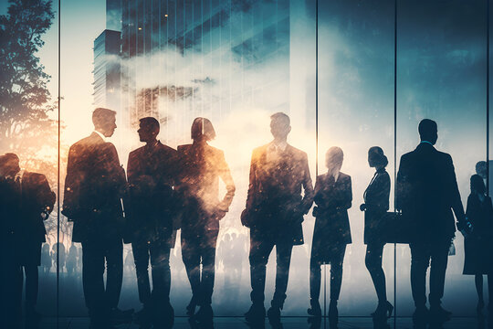 Abstract image of many business people together in group on background of city view with office building. AI generative