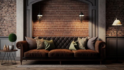 Stylish interior of living room with brick wall, generative ai