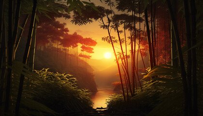 Asian bamboo forest during sunset