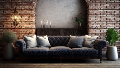 Stylish interior of living room with brick wall, generative ai