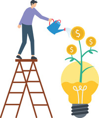 Man investing in mutual funds, Mutual fund or growing investment, wealth profit growth or earning increase, savings or wealth management, man investor watering stack dollar coin to grow money plant in