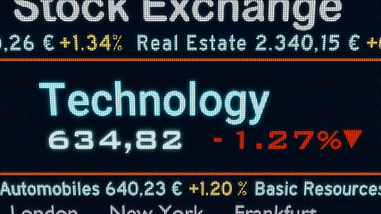 Fototapeta premium Technology sector, stock exchange trading floor. Stock market data, technology price and percentage changes on a screen. Stock exchange, business and sector trading concept. 3D illustration