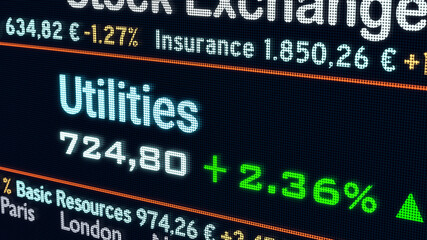 Utility sector, stock exchange trading floor. Stock market data, utilities price information and percentage changes on a screen. Stock exchange, business and sector trading concept. 3D illustration