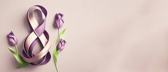 Number 8 with violet ribbon and tulip flowers on light background. International Women's Day celebration. Wide angle format banner