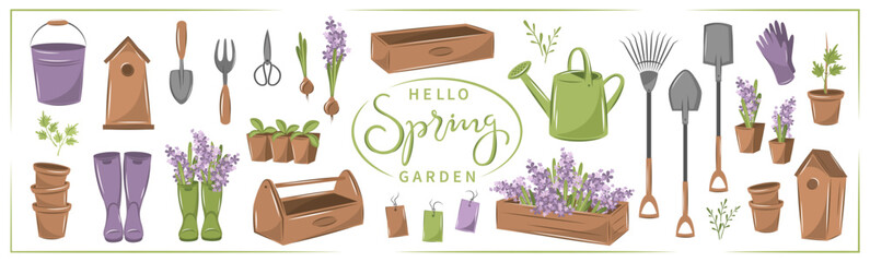 Gardening, growing plants, agricultural tools. Hello spring garden text.  Vector illustration Isolated on white.