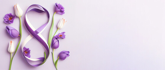 Number 8 with violet ribbon and tulip flowers on light background. International Women's Day celebration. Wide angle format banner