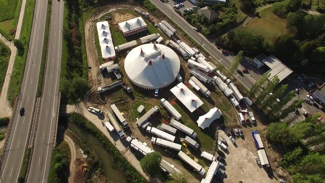 Aerial View Travelling Circus on Road in Small Village