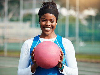 Fototapeta Portrait, black girl with netball and sports with smile, fitness and training for game outdoor, happy teen and ready. Exercise, athlete and African female with ball, healthy and active lifestyle obraz