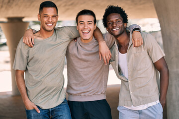 Portrait, diversity and happy with friends standing outdoor together while feeling excited in the...