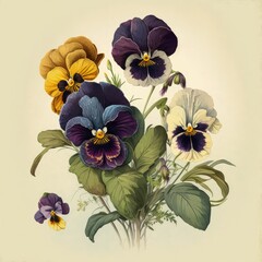 Fototapeta premium Pansy Flowers Botanical Illustration Isolated, Viola Flower on White Background, Abstract Generative AI Illustration