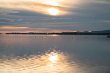 Fototapeta na wymiar sunset over the lake with flamingos