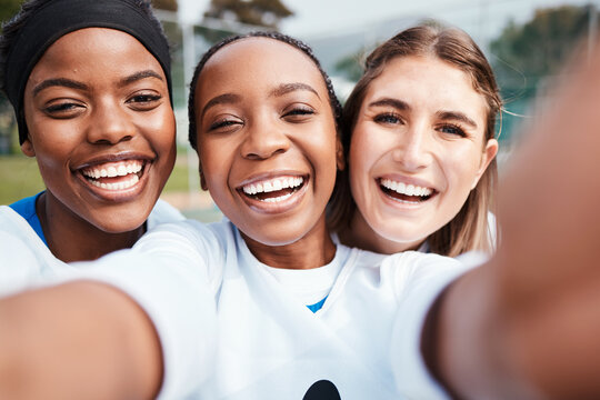 Black woman, friends and portrait smile for selfie, vlog or sports team in social media outdoors. Happy sporty women smiling for profile picture, photo or online post in memory for netball sport day