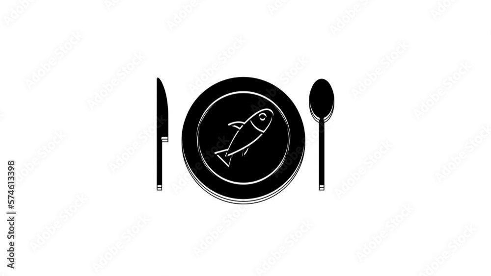 Wall mural Black Served fish on a plate icon isolated on white background. 4K Video motion graphic animation