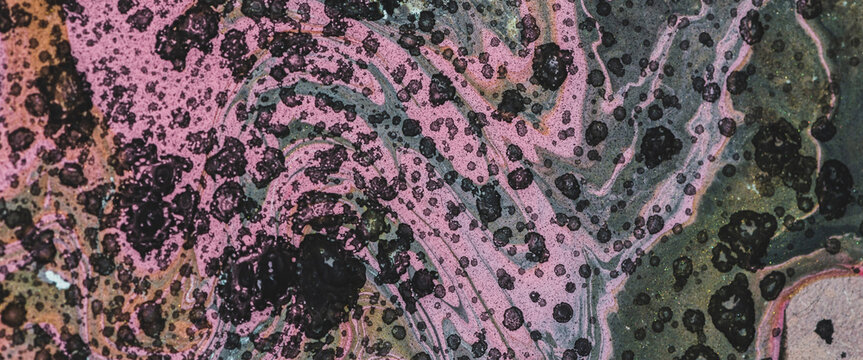 Abstract image of viruses in macro. Artistic concept of coronavirus. Fluid art background with black virus stains. Dirty microbe effect of acrylic paints. Liquid ink texture. Corona virus outbreak.