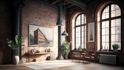 Fototapeta na wymiar Stylish interior of living room with brick wall, generative ai
