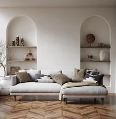 Vlies Fototapete Boho-Stil Wall mockup in nomadic boho interior background with rustic decor, 3d render