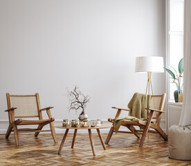 Naklejka na ściany i meble Home mockup, white room with natural wooden furniture, 3d render