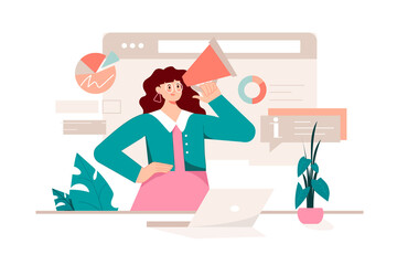 Marketing pink concept with people scene in the flat cartoon design. Marketer spreads and popularizes new goods and services.