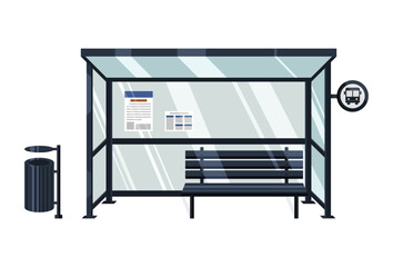 Bus Stop Illustration, Public Transport Bus Station With Trash Can