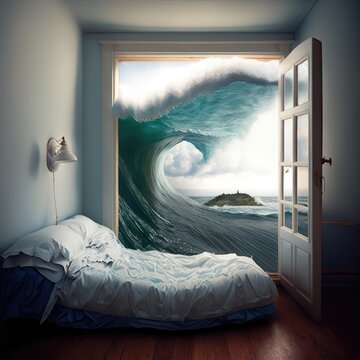 Sea Wave In Bedroom, Dream Of Ocean, Travel Dream, Flood, Abstract Generative AI Illustration