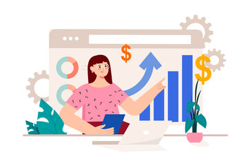 Business grow pink concept with people scene in the flat cartoon design. Manager follows the rapid development of business company.