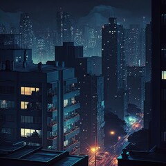 Night City, Dark Midnight Downtown Street, Night City Drawing Imitation, Abstract Generative AI Illustration