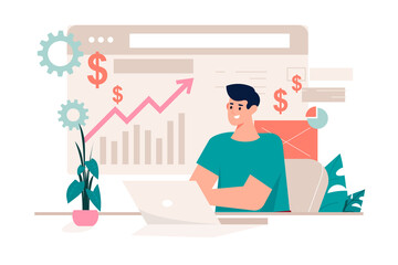 Crypto currency pink concept with people scene in the flat cartoon style. Man deals with cryptocurrency and earns money from it.