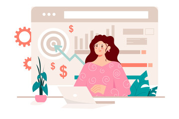 Business target pink concept with people scene in the flat cartoon style. Manager explains the plans and goals to be achieved regarding business development in the near future.