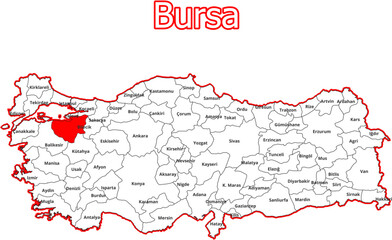 Vektorkarte der Türkei - mit Landkreiskarte des Districts Bursa