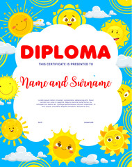 Kids diploma with funny sun cartoon characters