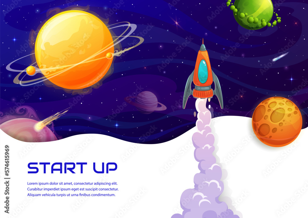 Poster space landing page with spaceship launch, planets