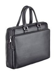 Beautiful black natural leather briefcase for business papers, with a laptop compartment, with a zipper, isolated on a white background. - 574616112