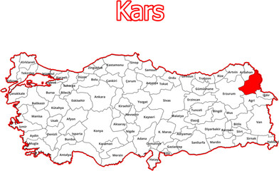 Vektorkarte der Türkei - mit Landkreiskarte des Districts Kars