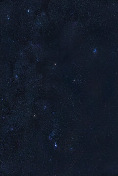 Orion constellation, Mars and various star clusters photographed with wide angle lens.