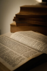 Fototapeta premium Open old, used books, with pages with text, copy speace. 