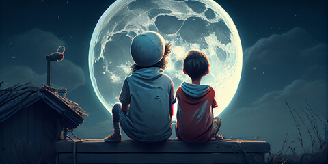 Kids sitting on roof at night, little boy and girl looks at moon in sky