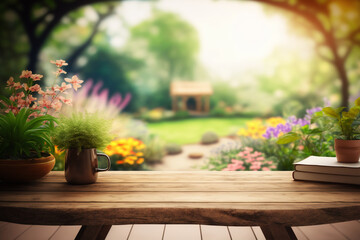 Fototapeta na wymiar Wooden desk on blurred flower garden interior background 