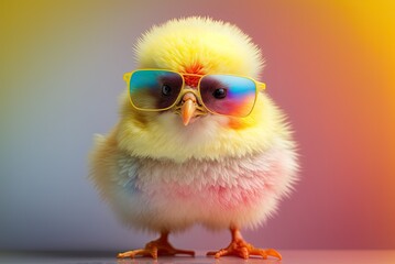 Cute spring baby chick on colorful background wearing sunglasses. Ai generative.