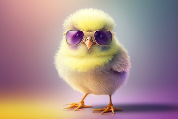 Cute spring baby chick on colorful background wearing sunglasses. Ai generative.