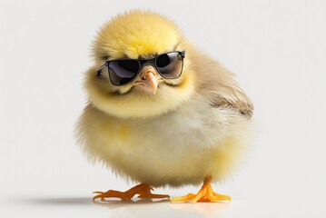 Cute spring baby chick on white background wearing sunglasses. Ai generative.