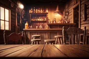 Fototapeta na wymiar Wild West Wood Table, Saloon Table Mockup for Product Display, Perspective Template, Generative AI Illustration