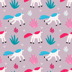 Seamless vector pattern with cute horses. Modern design for fabric and paper, surface textures.